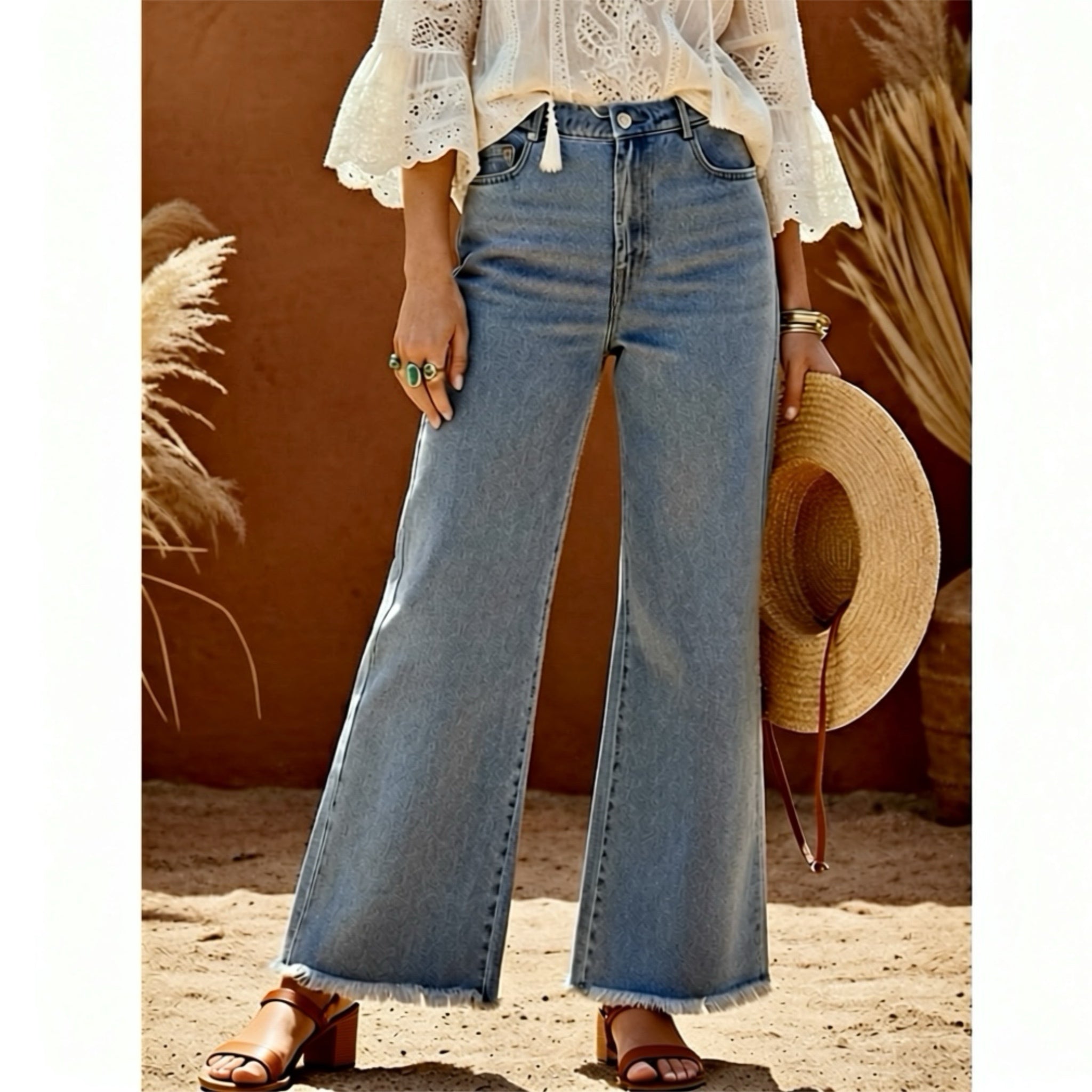 P Cill High Rise Wide Leg Jeans Light Wash Denim Raw Hem 100% Cotton