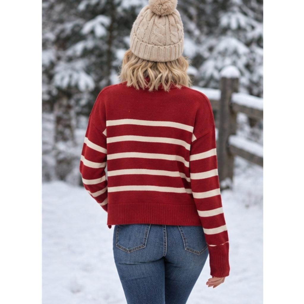 La Miel Red & Cream Striped Dolman Sleeve Mock Neck Sweater