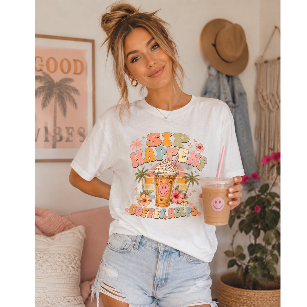 Sip Happens Coffee Helps Vintage Style Graphic T-Shirt in White