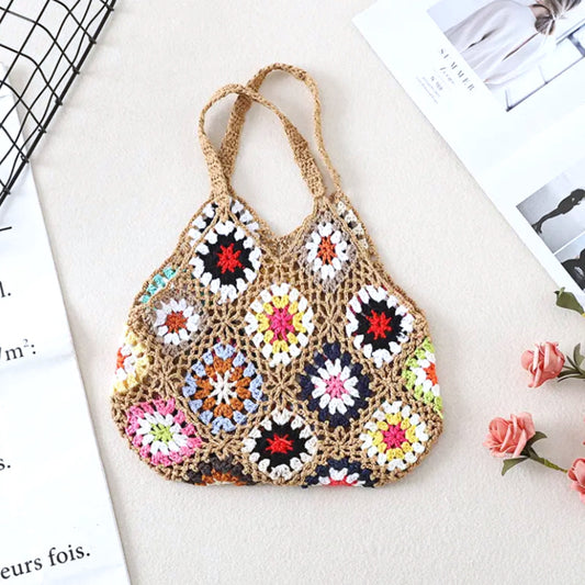 Artisan Handmade Crochet Boho Summer Handbag Colorful Floral Design - East Coast Bella LLC