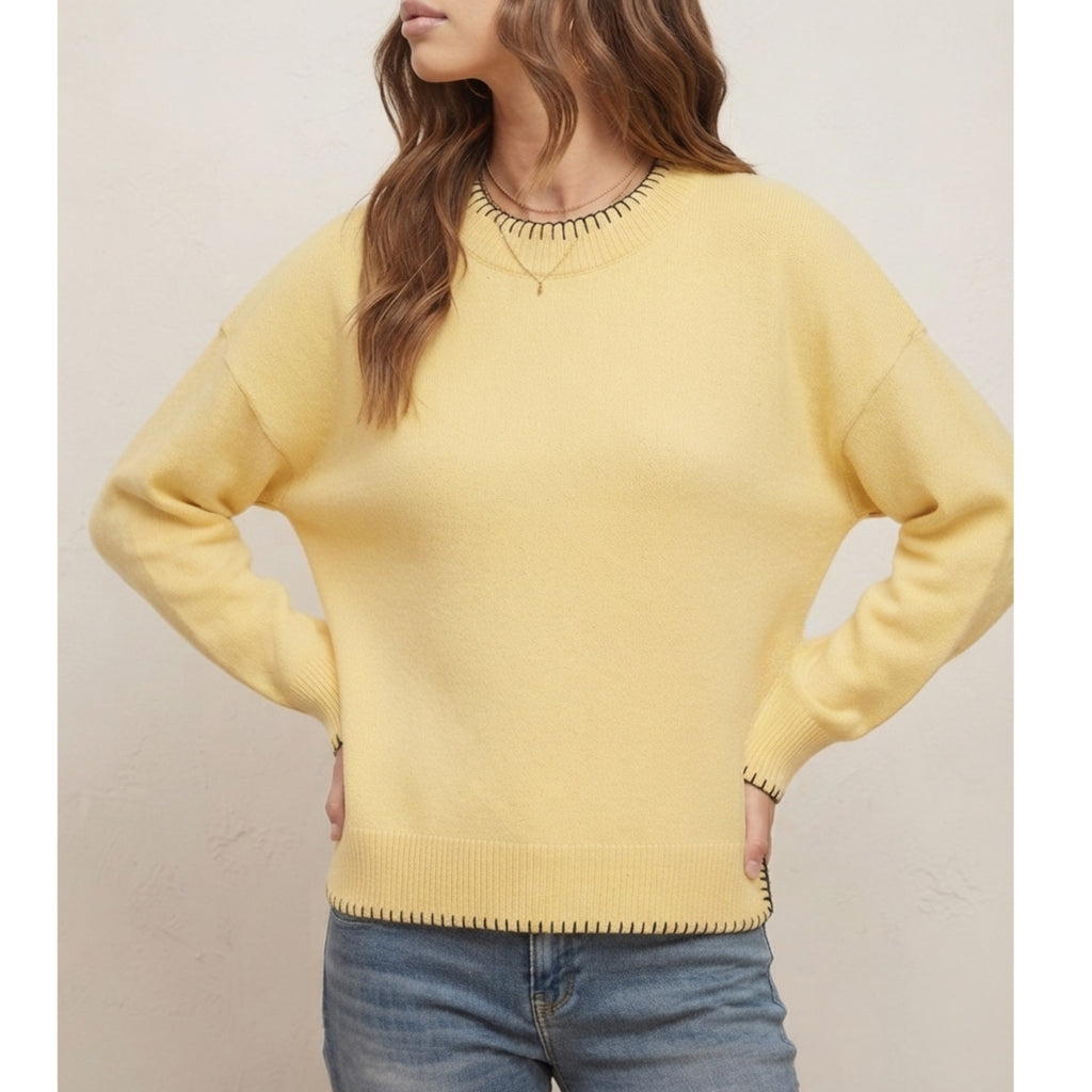 La Miel Oversized Contrast Stitch Crewneck Sweater in Yellow