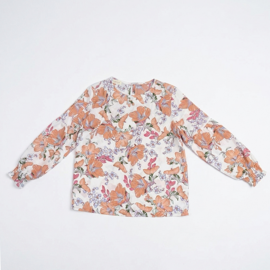 Aria Floral Balloon-Sleeve Blouse in Coastal Summer Peach & Ivory