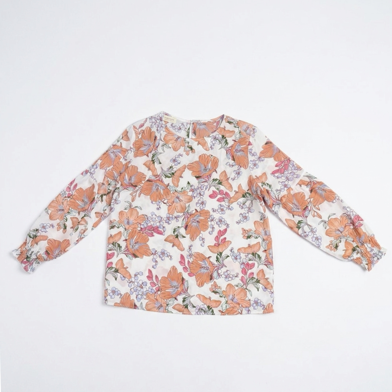 Aria Floral Balloon-Sleeve Blouse in Coastal Summer Peach & Ivory