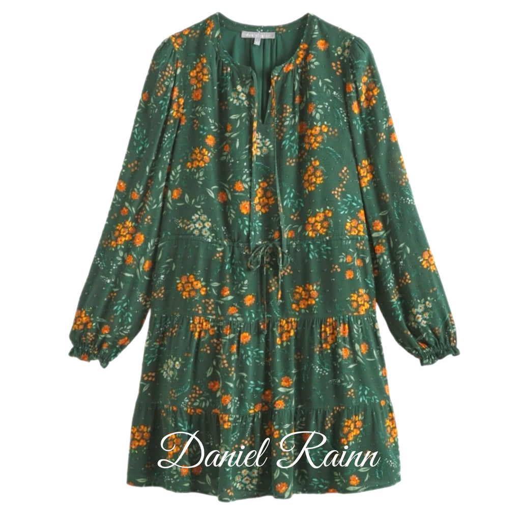 DANIEL RAINN Boho Floral Spring Green Dress Long Sleeve Split Neck