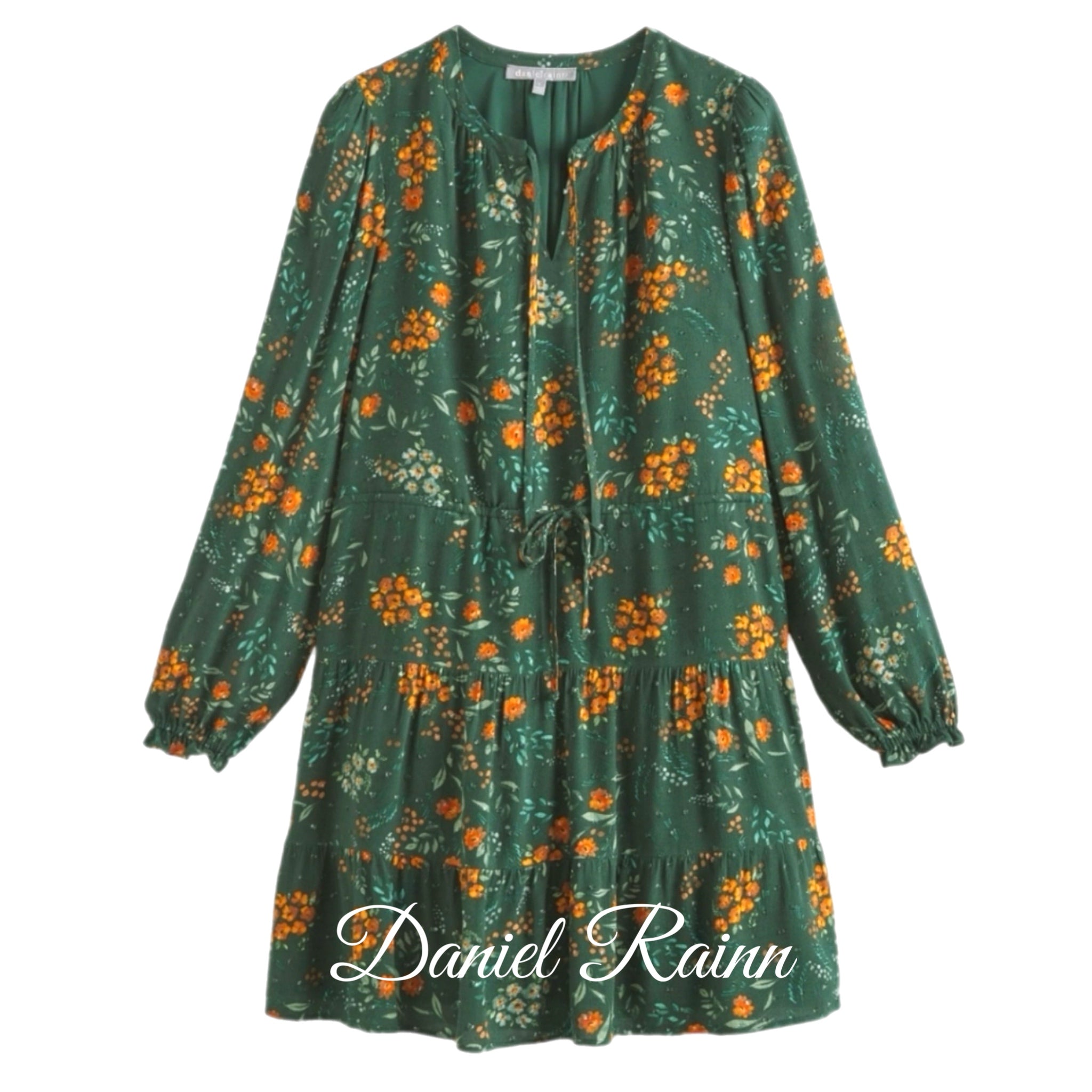 DANIEL RAINN Boho Floral Spring Green Dress Long Sleeve Split Neck