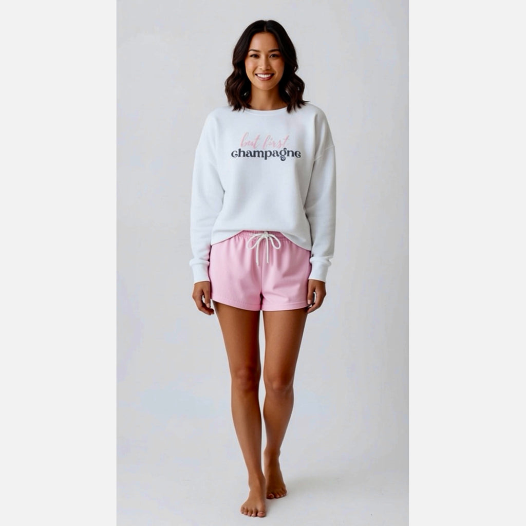 “But First, Champagne” Sweatshirt White Crew Neck Long Sleeve S-XL