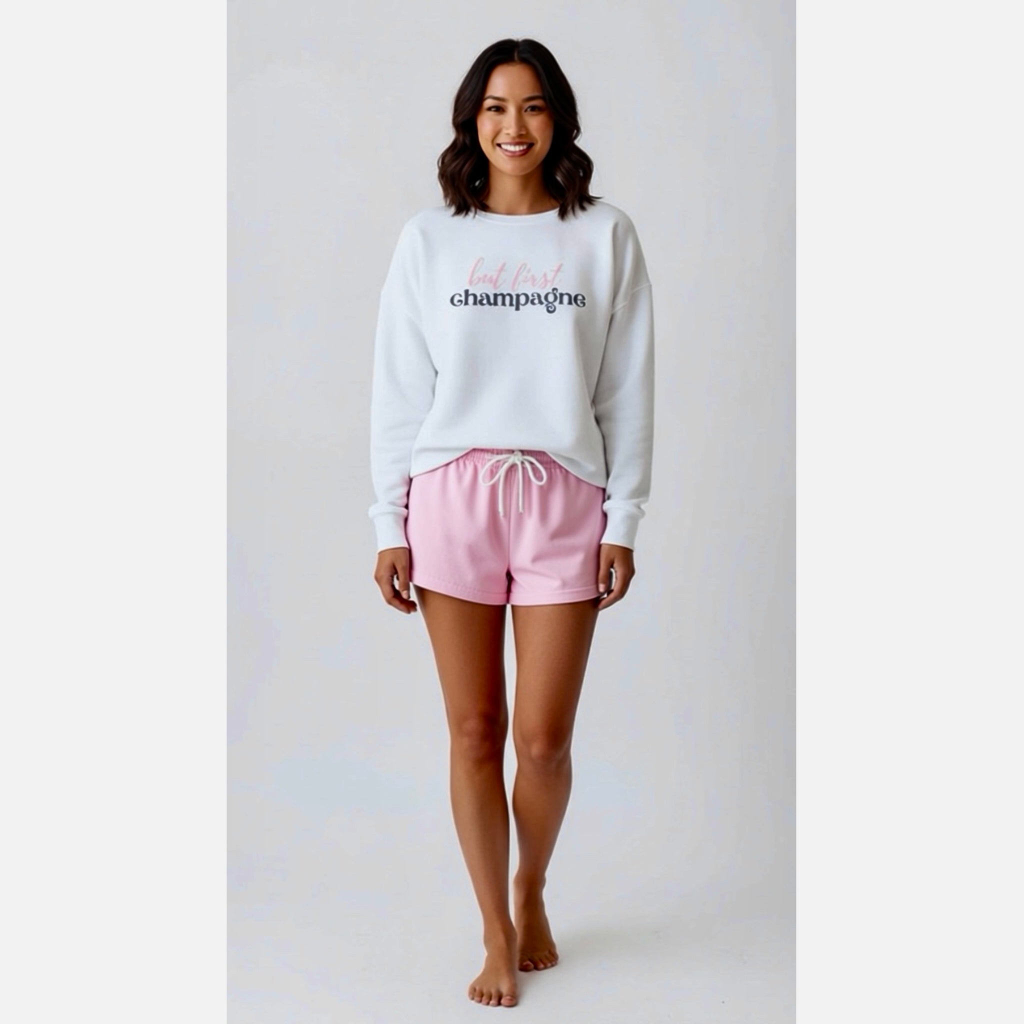 “But First, Champagne” Sweatshirt White Crew Neck Long Sleeve S-XL