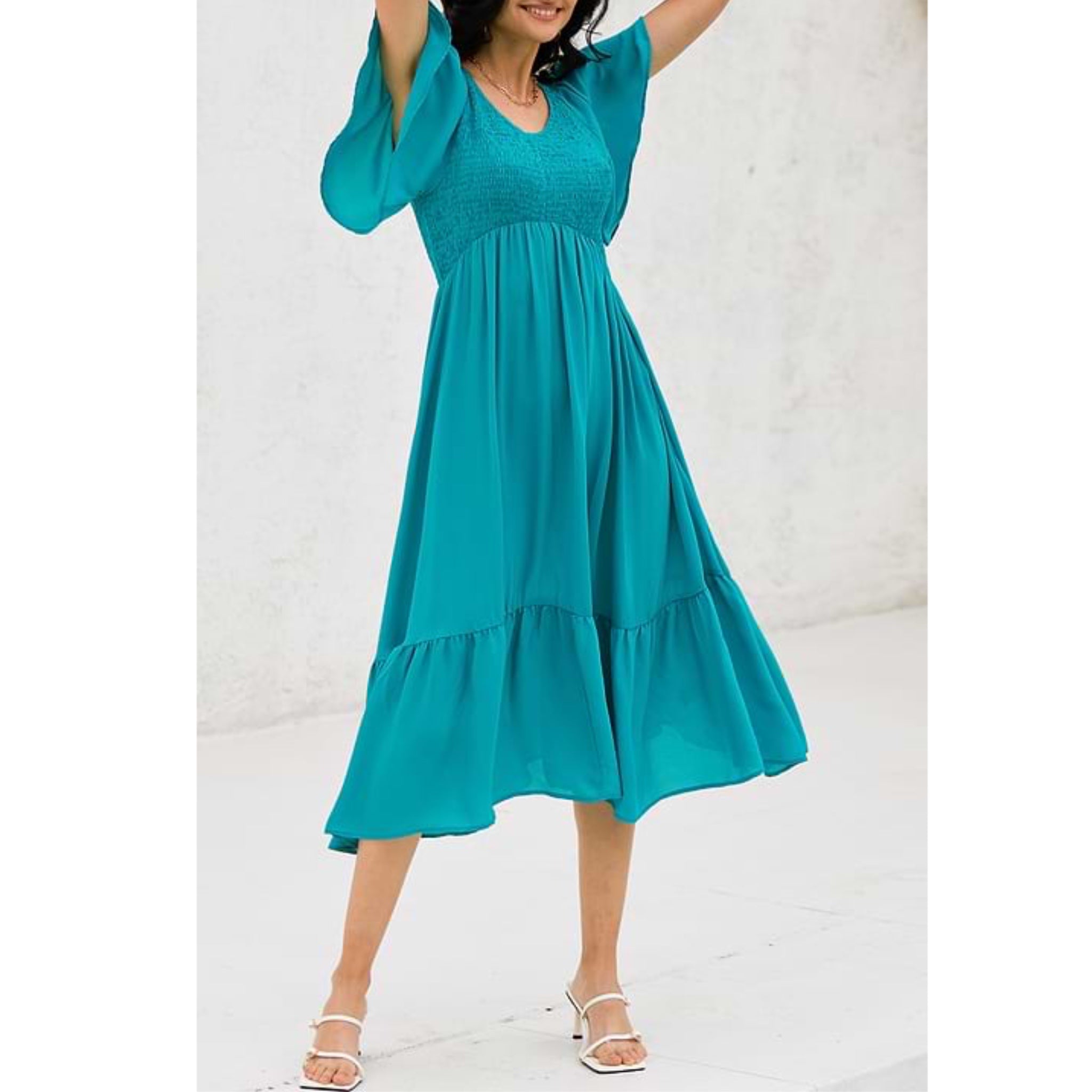 Ocean Blue Breezy Resort Dress Smocked Midi Ruffle Hem