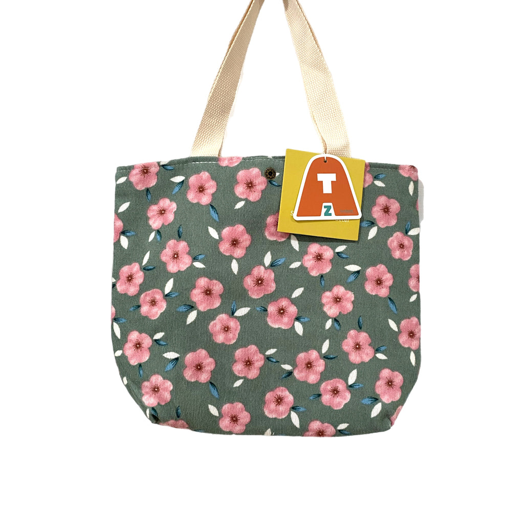 Vintage Style Artistic Floral Corduroy Small Tote in Sage Green w/Pink Flowers - East Coast Bella LLC