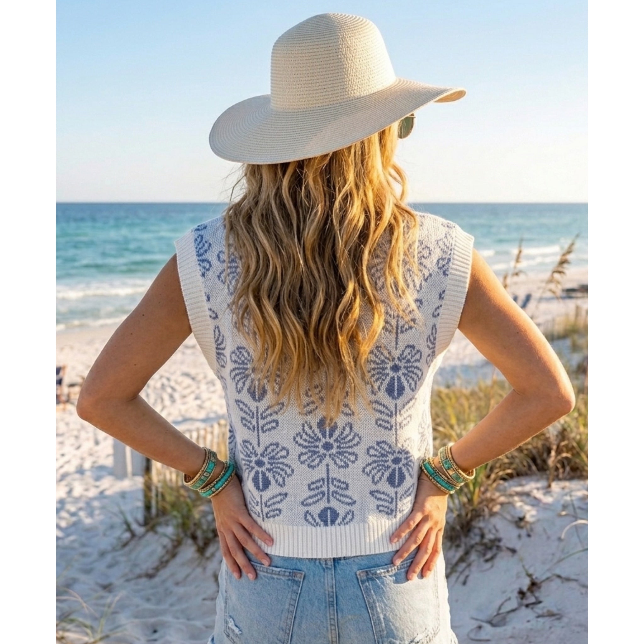 La Miel Floral Knit Sweater Vest Retro Revival Sleeveless Top- Pacific Blue