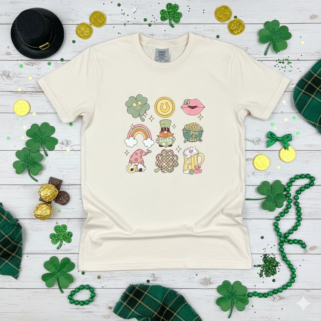 ST PATRICKS Shirt Gnome Lucky Retro Graphic Tee Trendy Boho in Cream