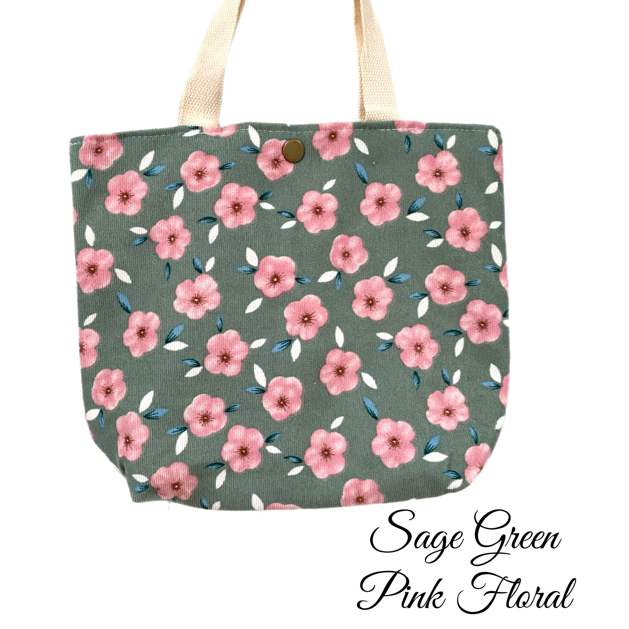 Vintage Style Artistic Floral Corduroy Small Tote in Sage Green w/Pink Flowers - East Coast Bella LLC