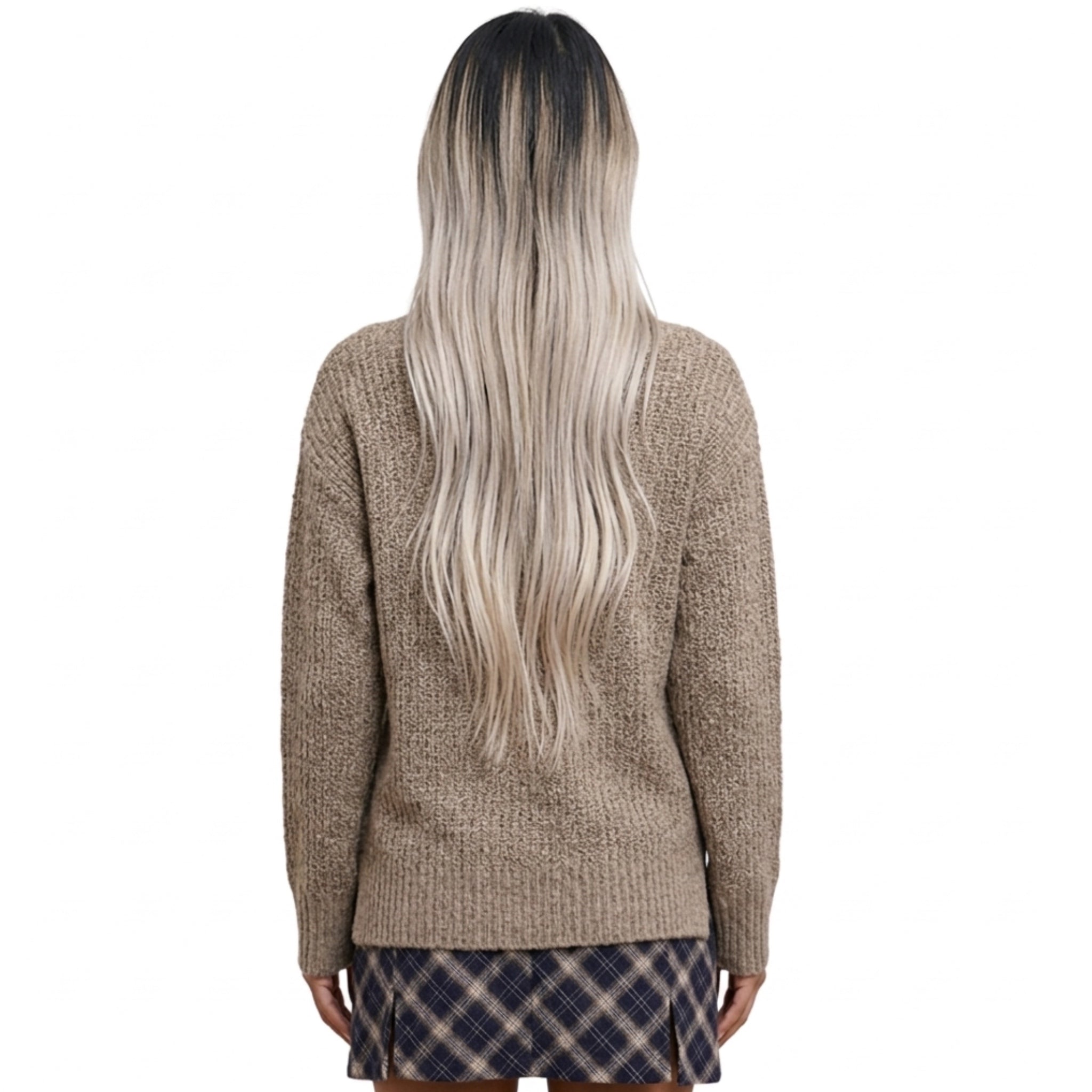 La Miel Boho Heather Beige Lace Trim V-Neck Ribbed Knit Sweater