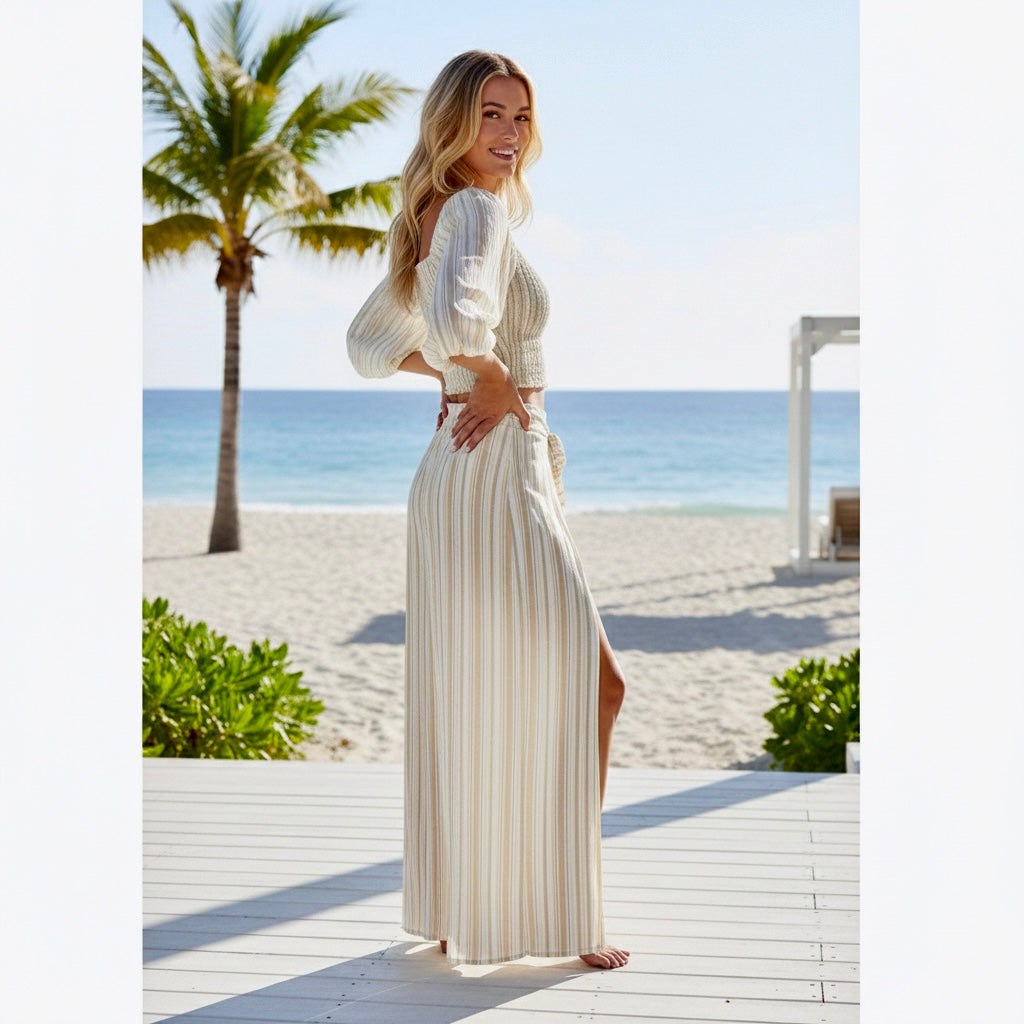 Peixoto Resort-wear Set Wide Leg Pant & Crop Top Coastal Sunset Stripe
