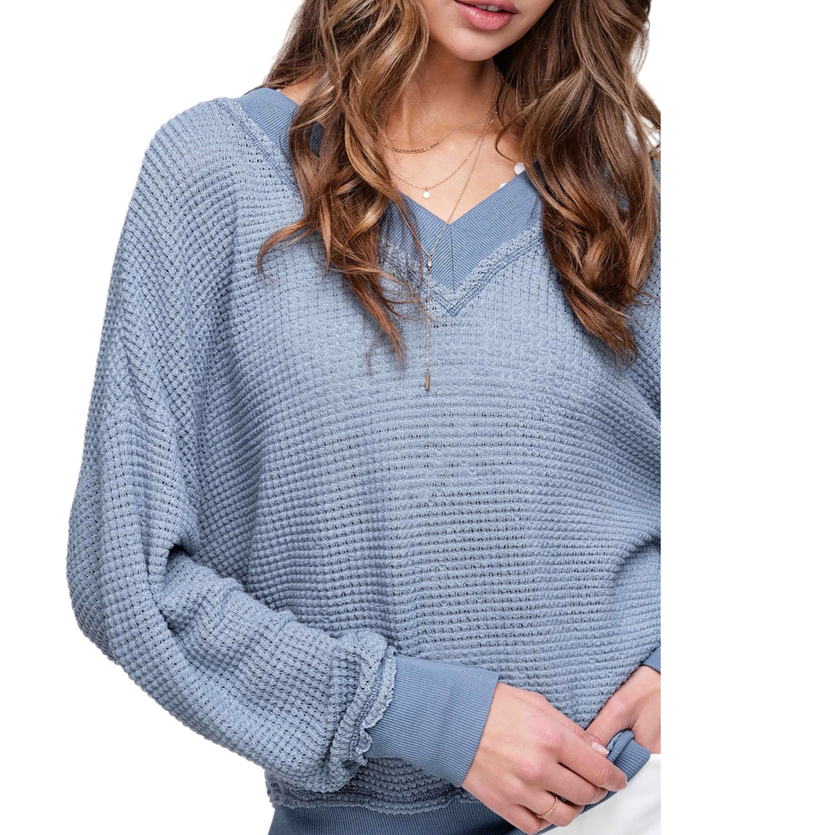 La Miel Denim Blue Waffle Knit V-Neck Sweater Long Sleeve Top