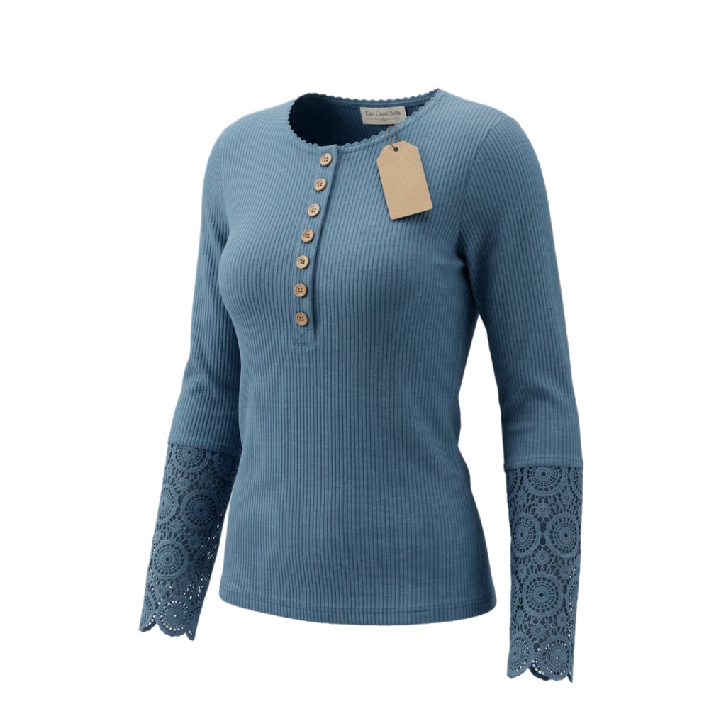 Boho Chic Rib-Knit Henley Top with Lace Sleeves in Slate Blue
