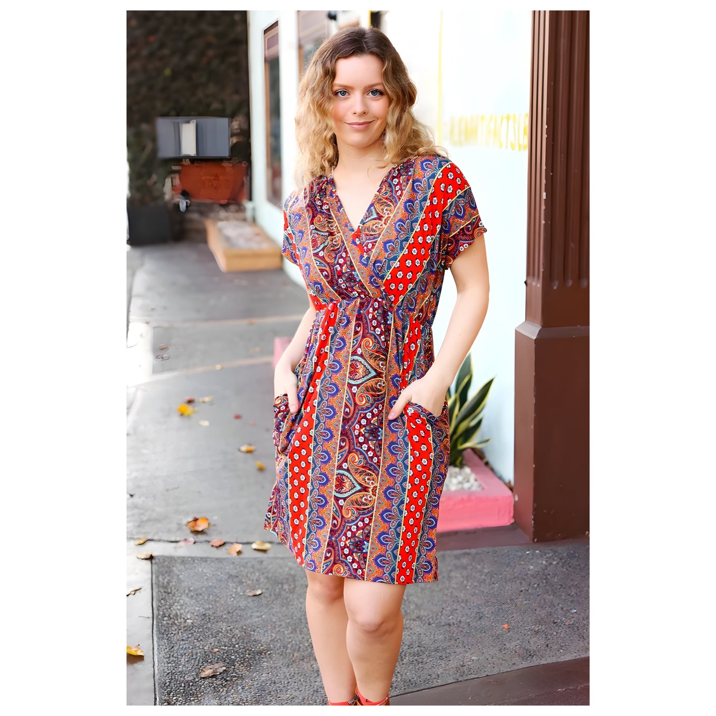 HAPTICS By HOLLY HARPER Sunset Orange Boho Paisley Surplice V Neck Pocketed Dress - East Coast Bella LLC