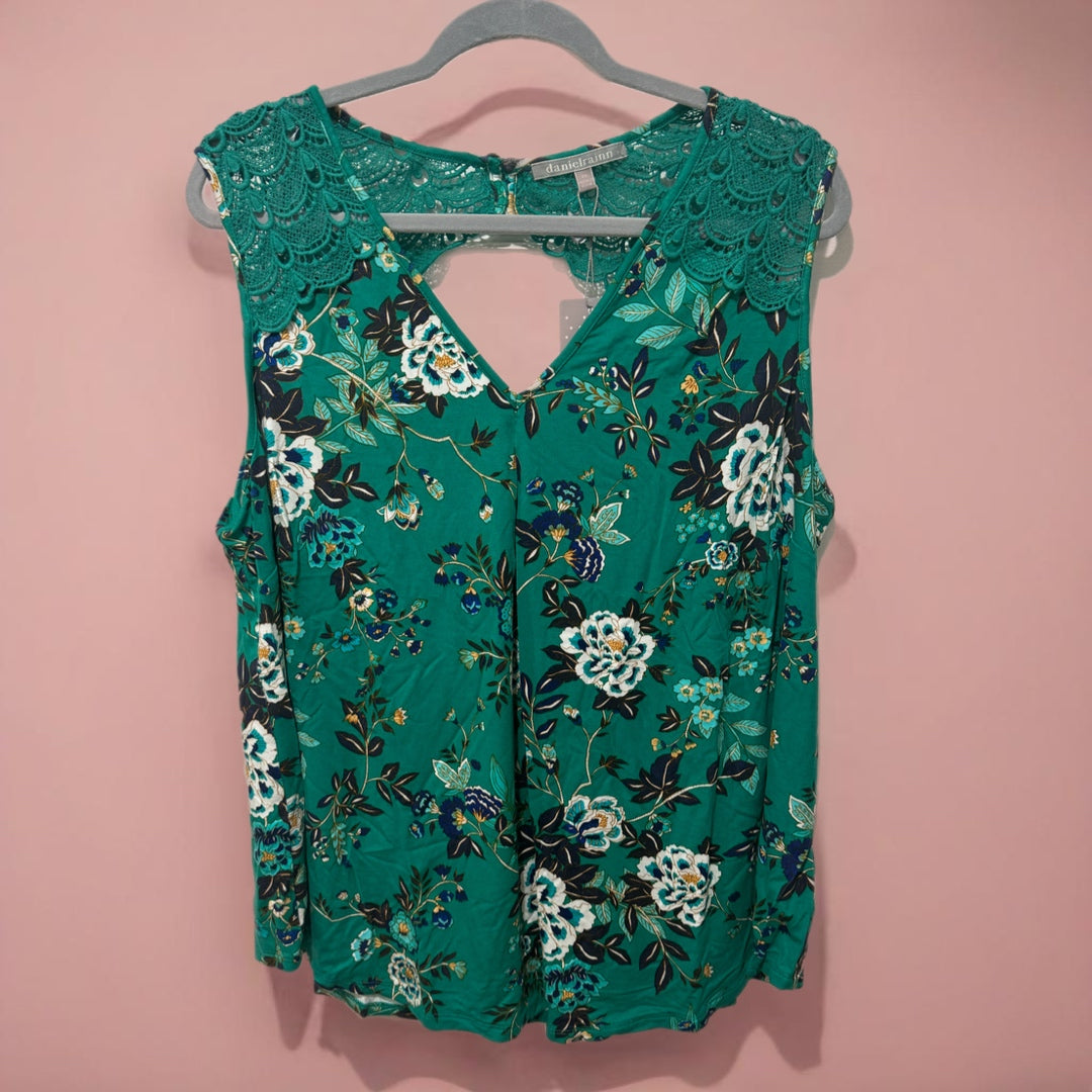 Daniel Rainn Tropical Green Floral Sleeveless Blouse Crochet Lace