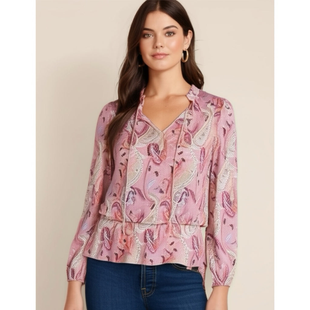 Les Serein Stitch Fix Pink Paisley Boutique Top Ruffle Blouse Split Neck