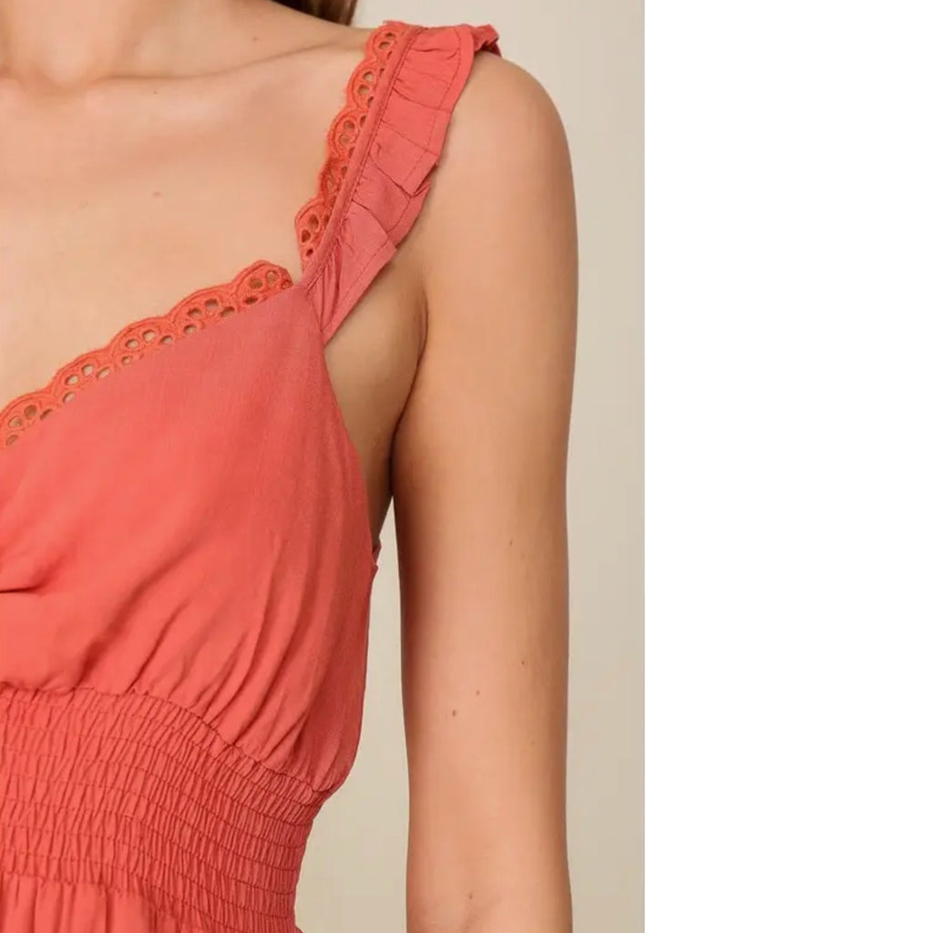 Lumiere Eyelet Ruffle Cami Dress in Coral Stretch Bodice Fit & Flare
