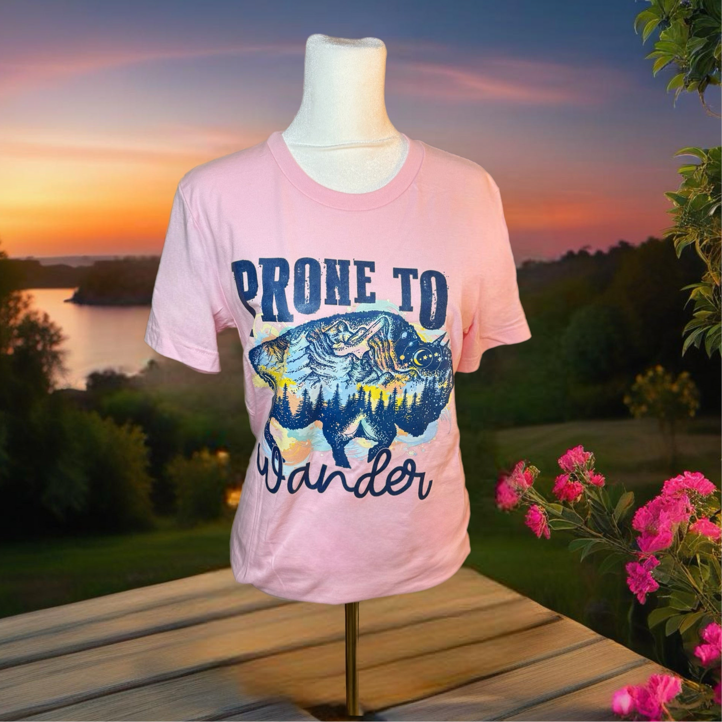 “Prone to Wander” Boho Western Bull Cotton T shirt Women’s Pink Crew Neck