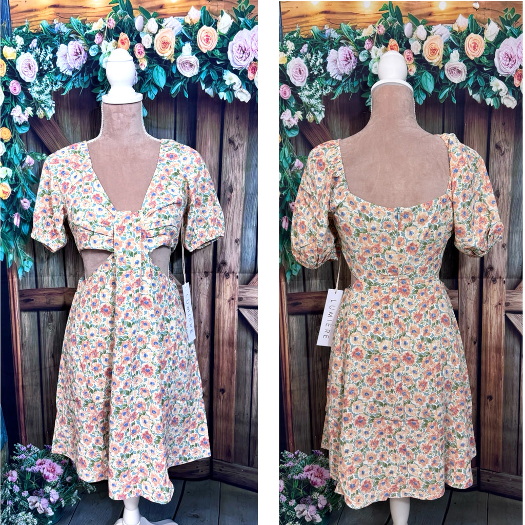 Lumiere Sage Banana Floral Cutout Puff Sleeve Mini Dress
