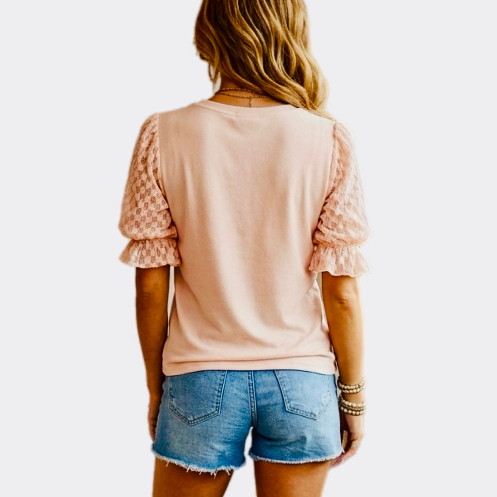 Peach French Terry Lace Sleeve Top Elegant Spring Blouse