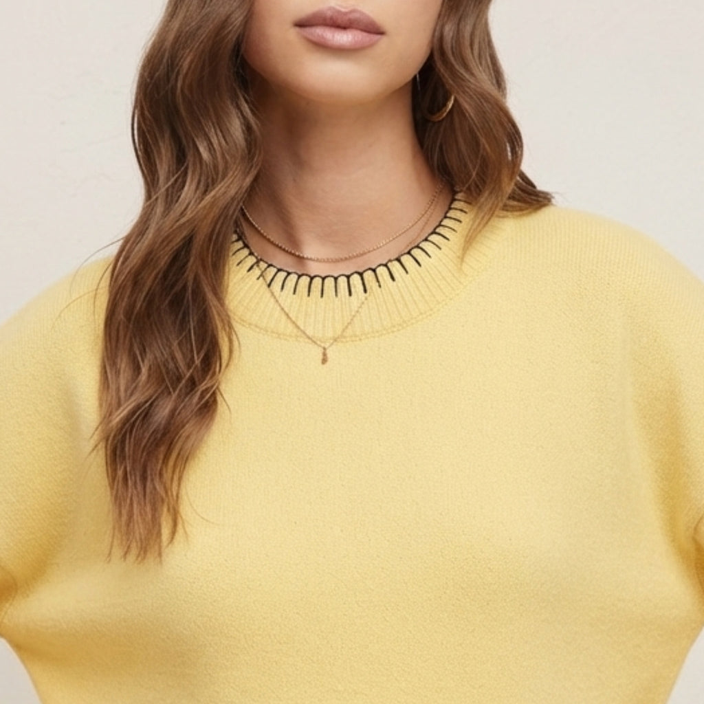 La Miel Oversized Contrast Stitch Crewneck Sweater in Yellow