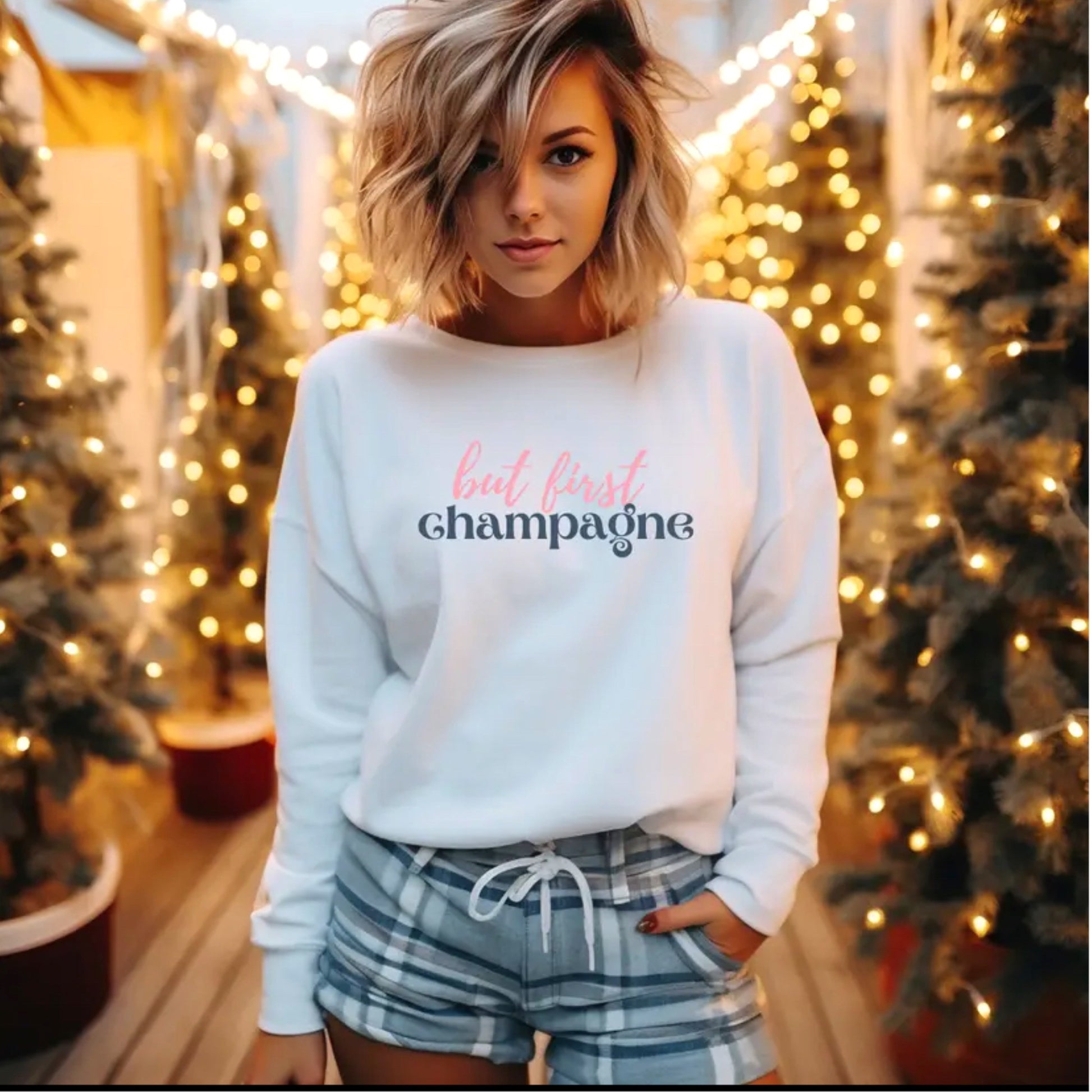 But First, Champagne Sweatshirt White Crew Neck Long Sleeve (S-XL Available) - East Coast Bella LLC