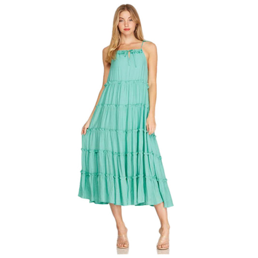 She + Sky Tied Shoulder Strap Tiered Long Dress Summer Maxi Green Jade