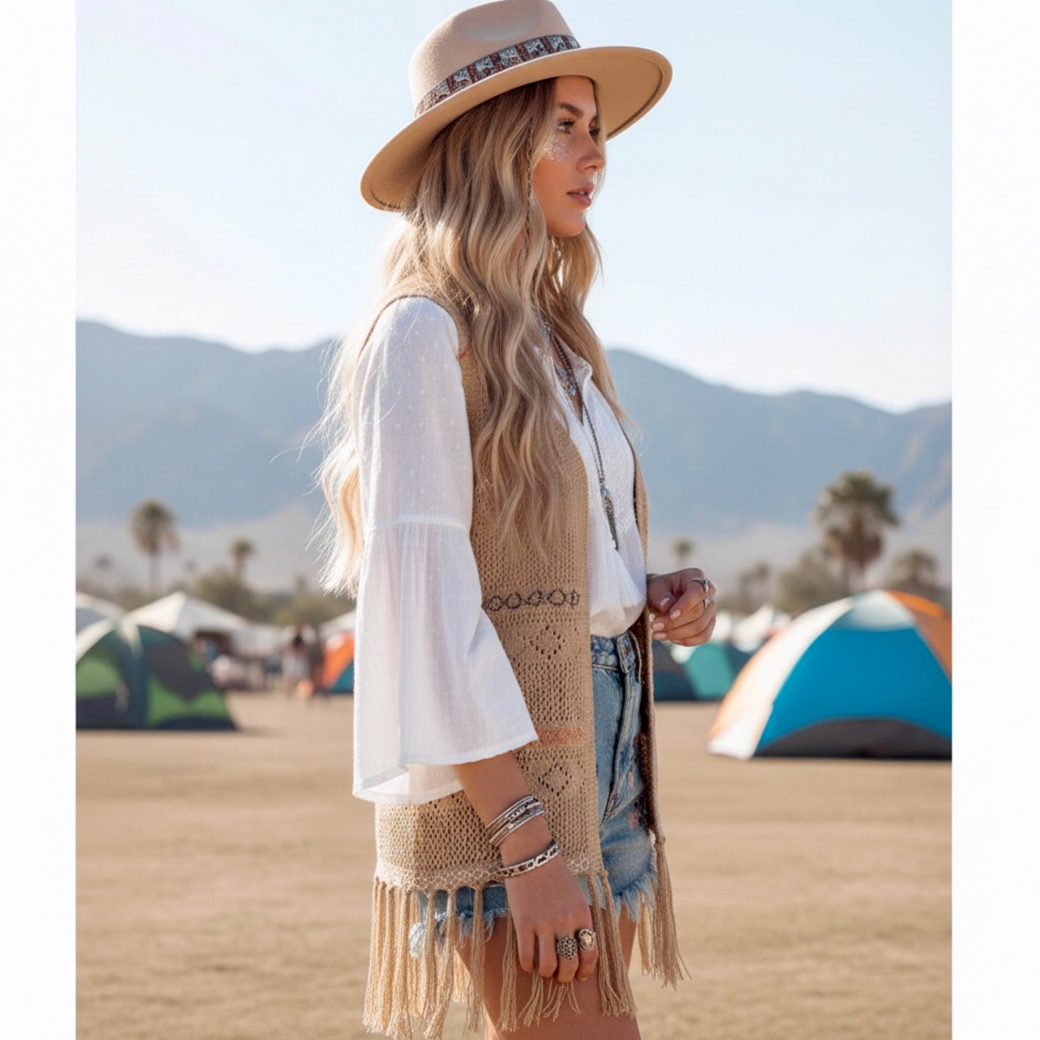 Boho Crochet Fringe Vest Tan Embroidered Open Front Cardigan