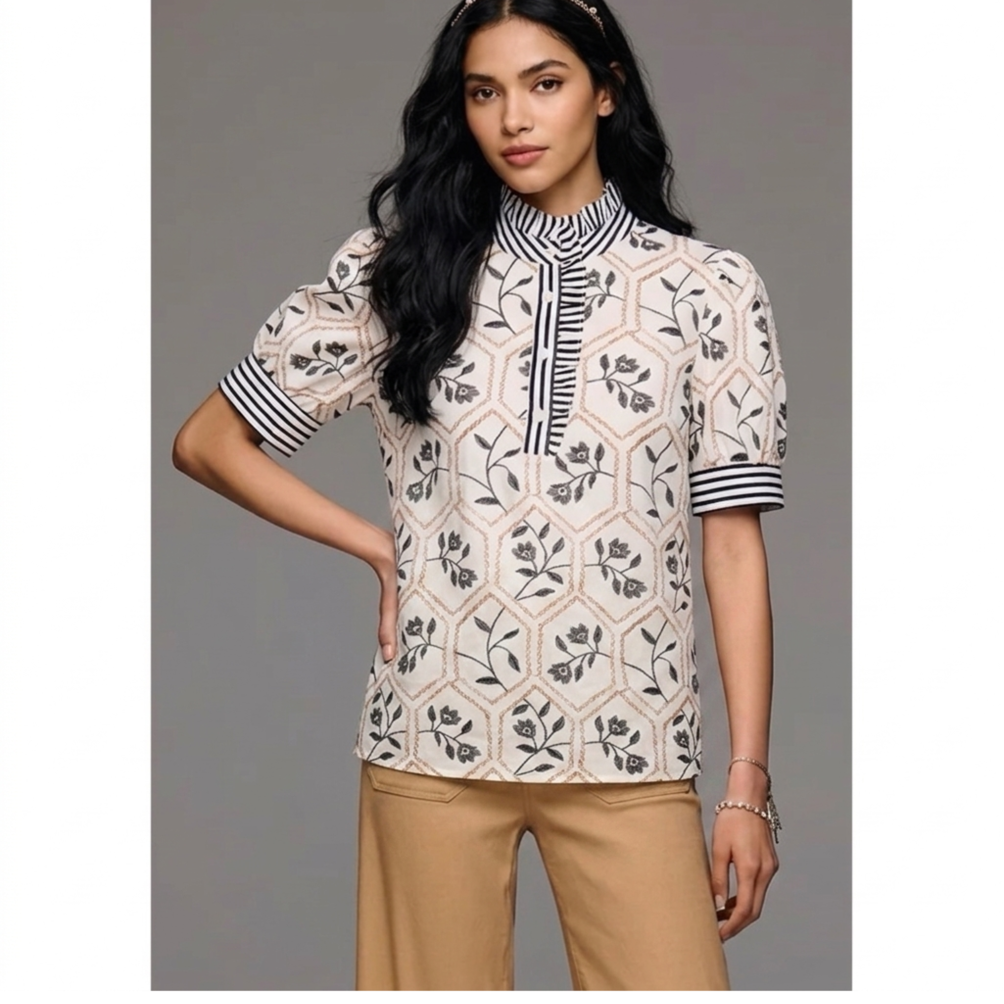 Preppy Aesthetic Floral Stripe Patchwork Ruffle Blouse Puff Sleeve
