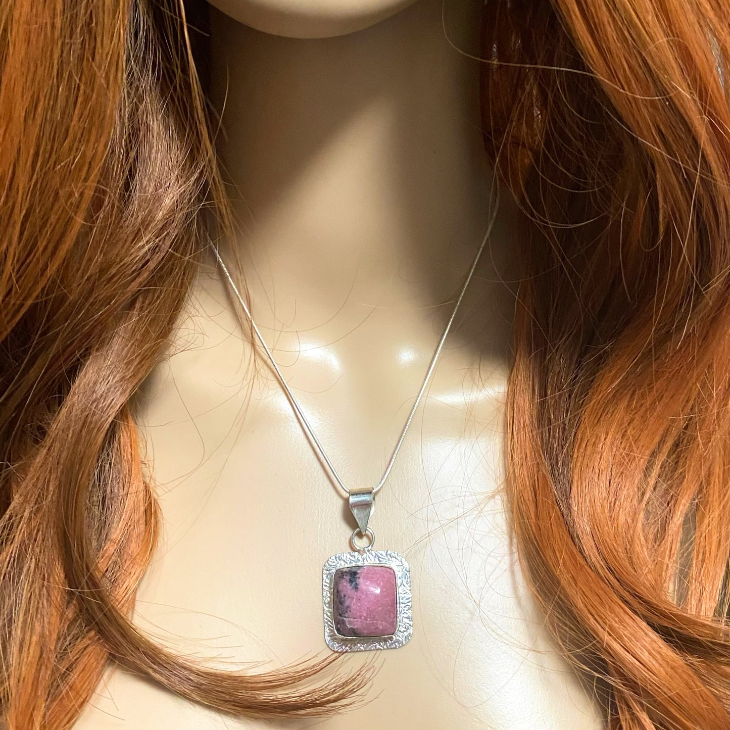 Pink Rhodonite Stone Pendant Necklace Silver Plate Metal Bezel Healing Stone 16”