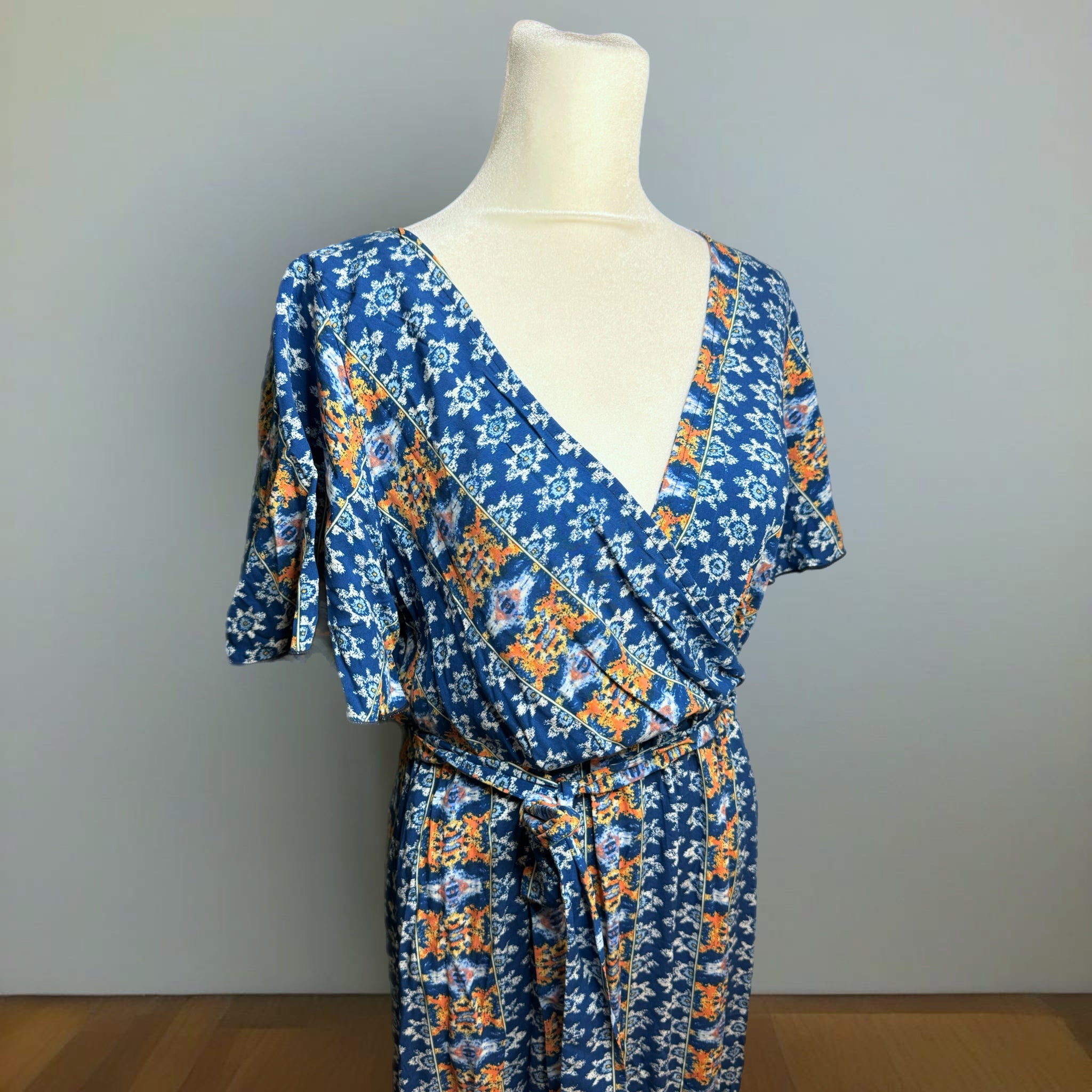 HAPTICS Navy Boho Summer Print Surplice Sash Belt Midi Dress