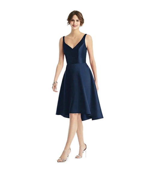 ALFRED SUNG D765 Cocktail Dress Satin Twill V Neck Midnight Navy -only size 16 available - East Coast Bella LLC