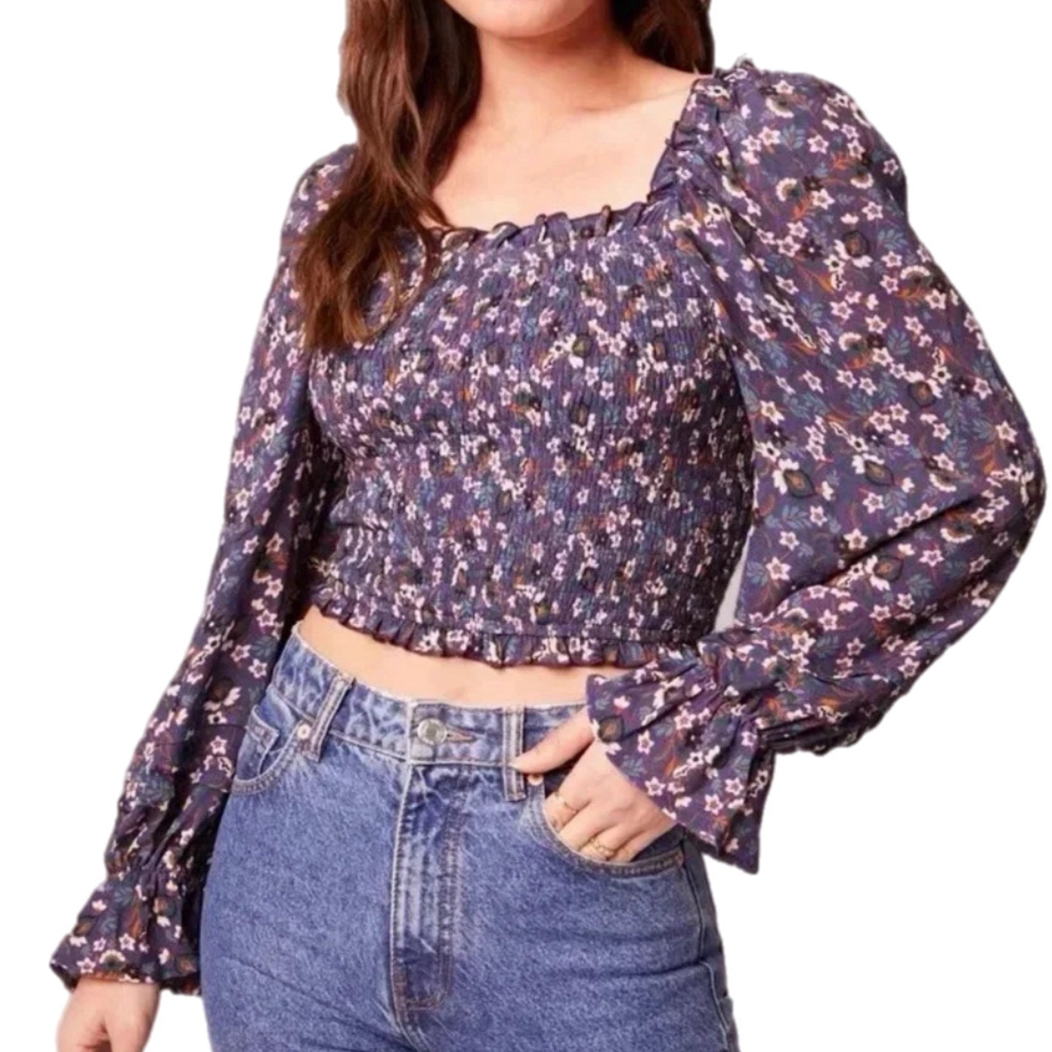 BAND OF THE FREE Cropped Purple Floral Smocked Long Sleeve Blouse