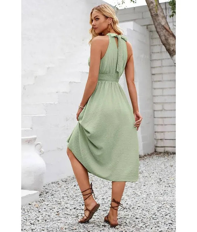 Polka Dot Halter Sleeveless Summer Midi Dress Light Olive