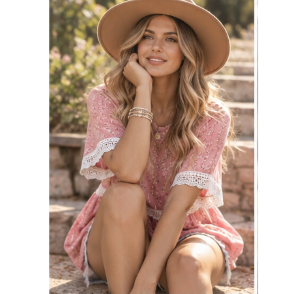 HAPTICS Pink Coral Floral Cottage Crochet Short Sleeve Blouse Top