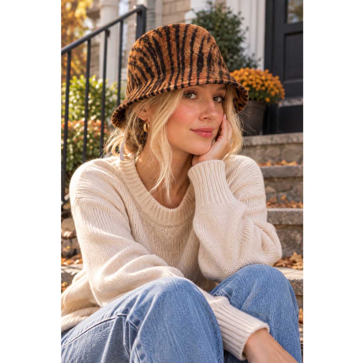 100% Wool Tiger Print Cloche Hat in Brown Black Animal Print