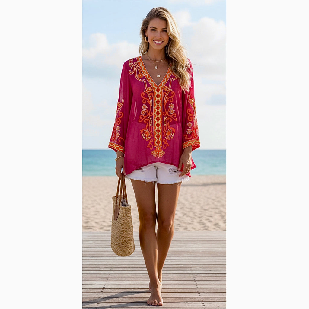 Boston Proper Beaded Resort Embroidered Sheer Tunic Top in Multi Pink