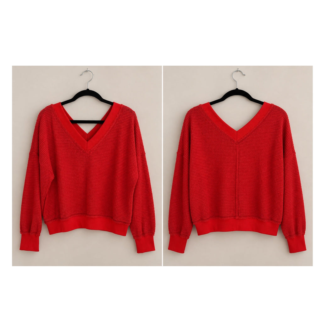 La Miel Waffle Knit V-Neck Sweater Long Sleeve Top in Coral Red
