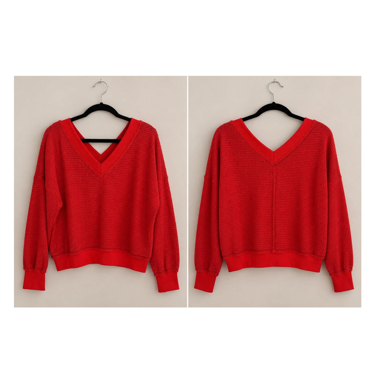 La Miel Waffle Knit V-Neck Sweater Long Sleeve Top in Coral Red