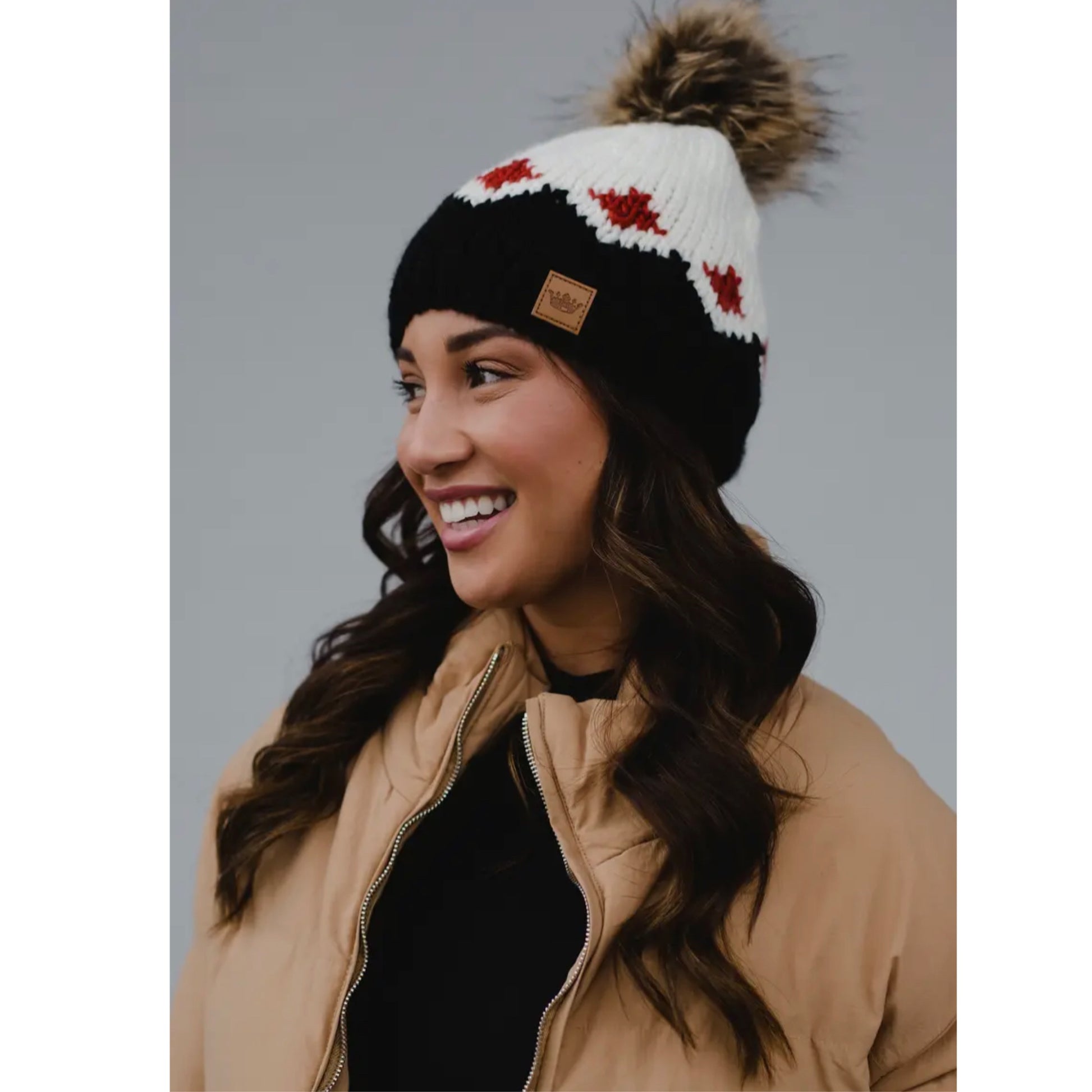 PANACHE Vegan Fur Puff Knit Hat in White, Rust & Black Pattern - East Coast Bella LLC