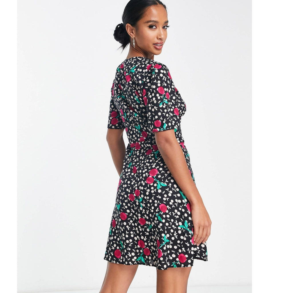 Nobody’s Child Cherry Mini Dress Eco Friendly Viscose Short Sleeve Button Front