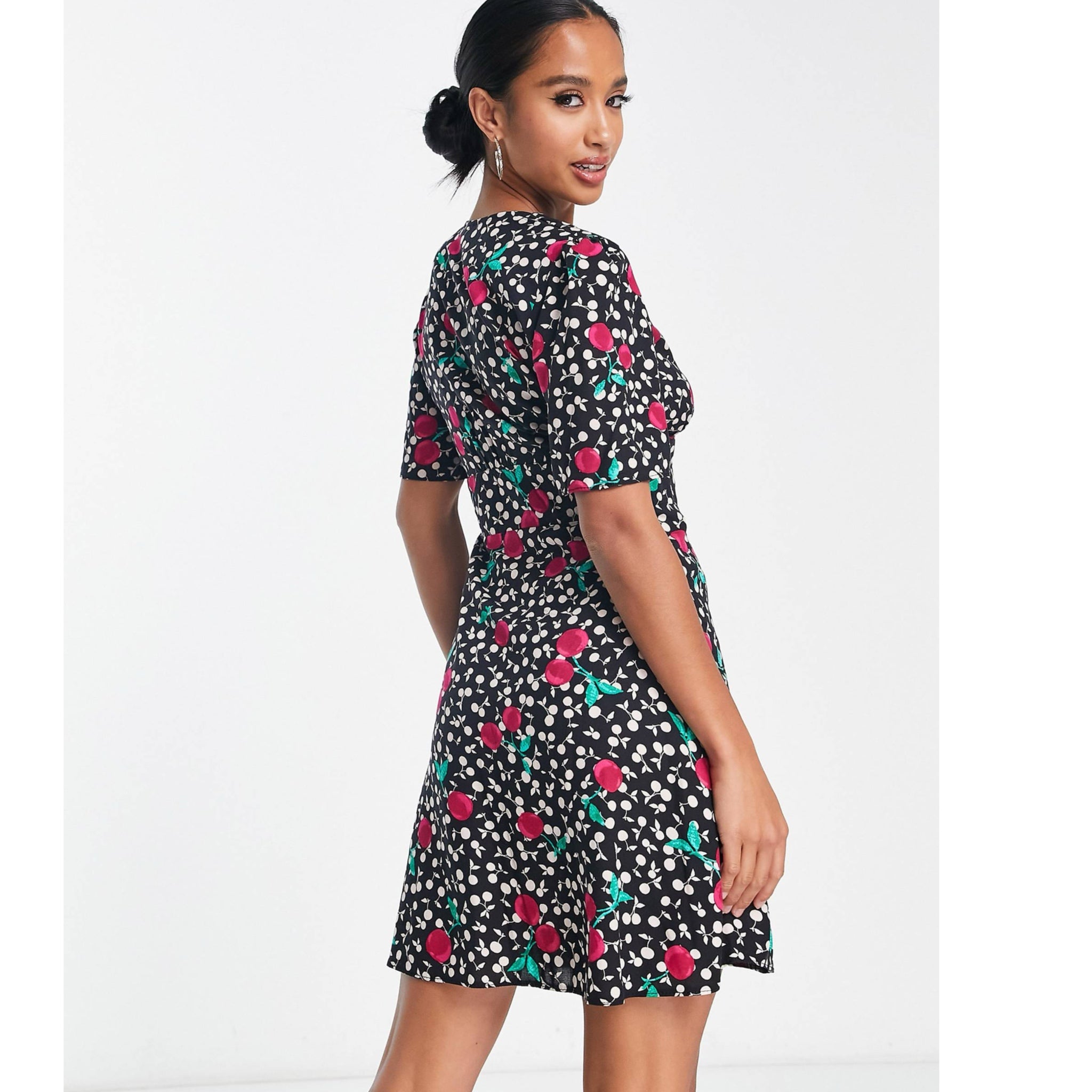 Nobody’s Child Cherry Mini Dress Eco Friendly Viscose Short Sleeve Button Front