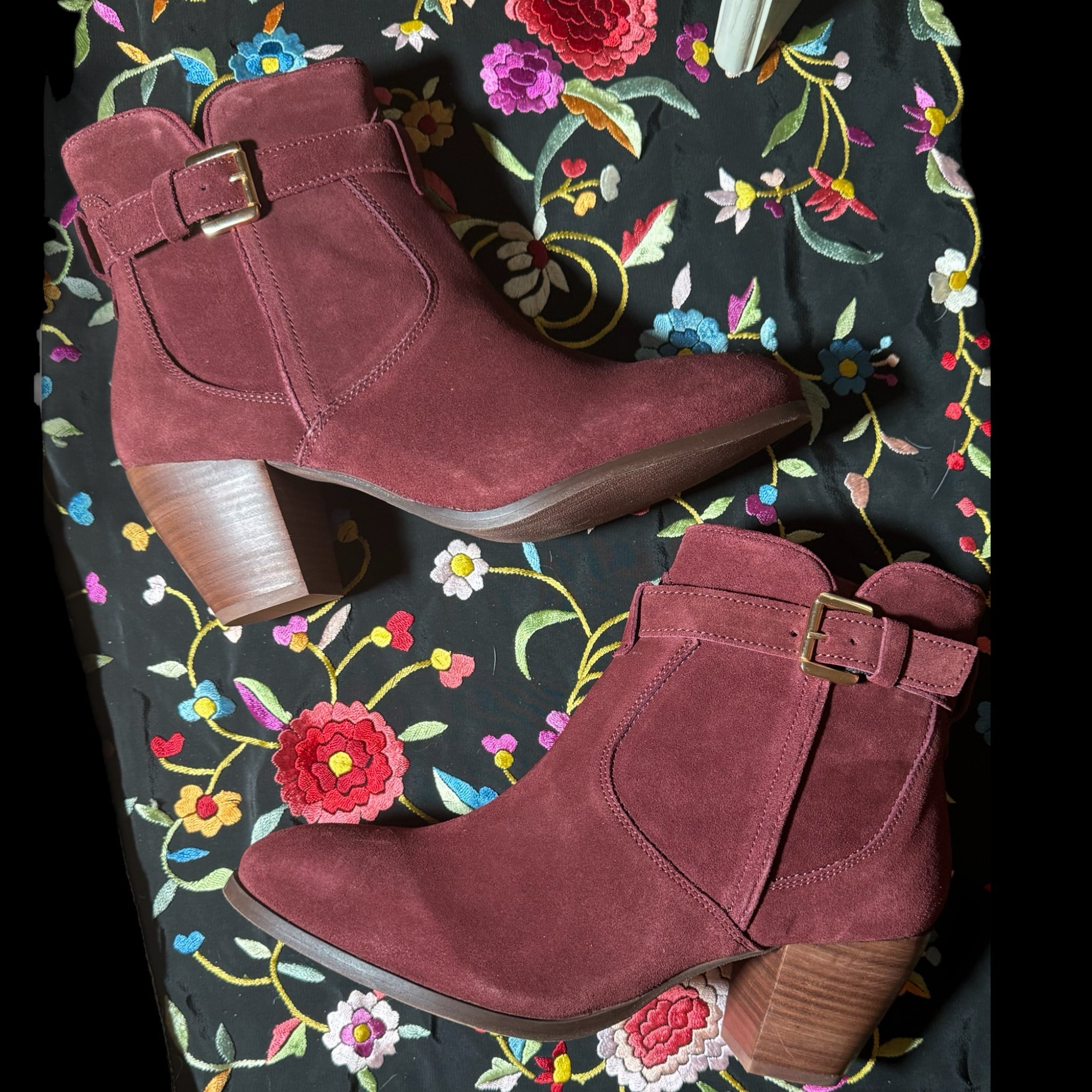 DIBA Merlot Burgundy Genuine Suede Leather Fashion Booties Gold Buckle Accent