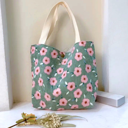 Vintage Style Artistic Floral Corduroy Small Tote in Sage Green w/Pink Flowers - East Coast Bella LLC