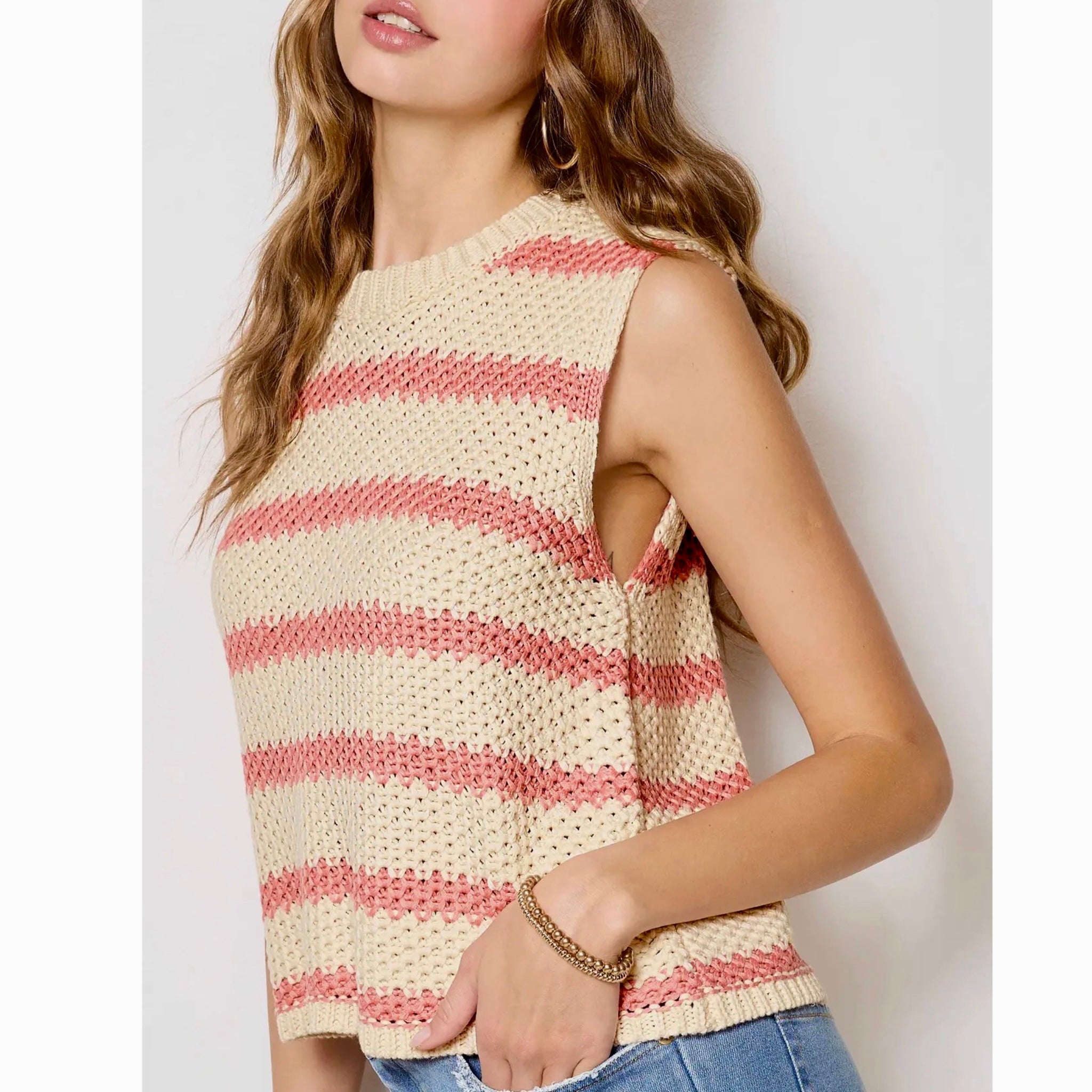 LA MIEL Coastal Open Knit Sweater Vest in Coral Beige Stripe
