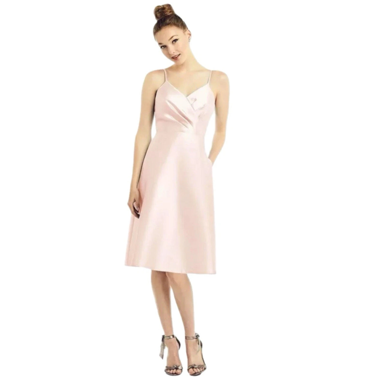 NWT ALFRED SUNG D777 Satin Twill V Neck Cocktail Dress In Blush Pink