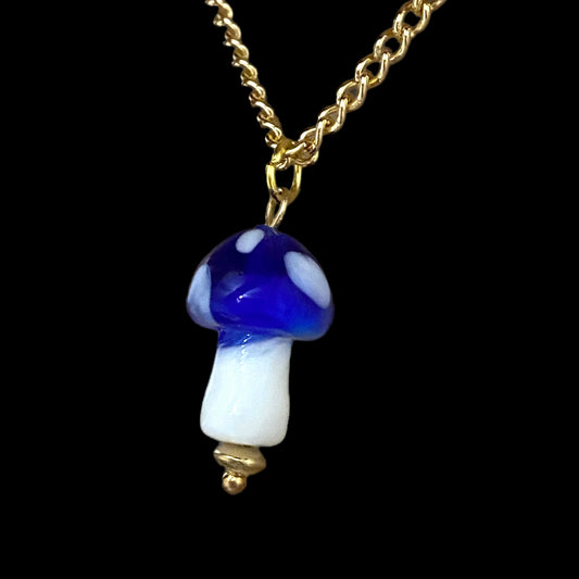 Dainty Art Glass Mushroom Pendant Necklace Gold Plated Brass Chain 16” - East Coast Bella LLC